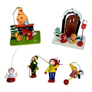 Vintage 1970s Japan Hand Painted Wooden Christas Ornaments Assorted Lot of 6